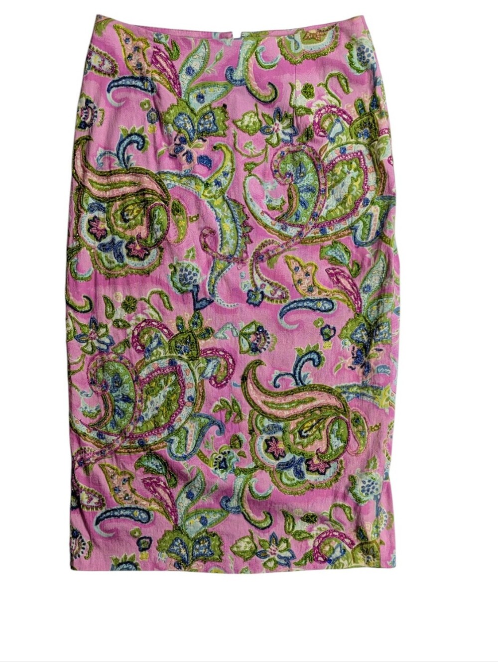 Pink Paisley-Print Pencil Skirt with Green and Blue Accents